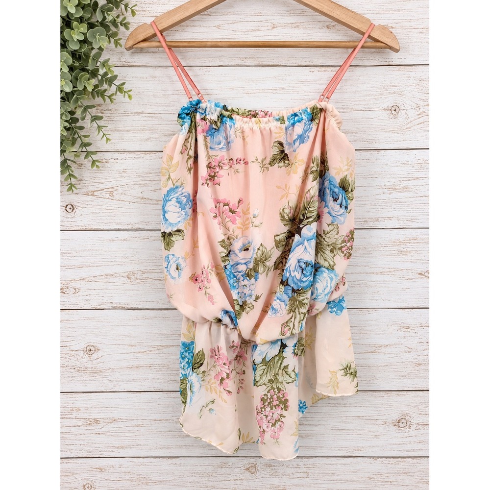 Vivace Floral Cami Top Women Large Pink Blue Rose Print Chiffon Peplum
